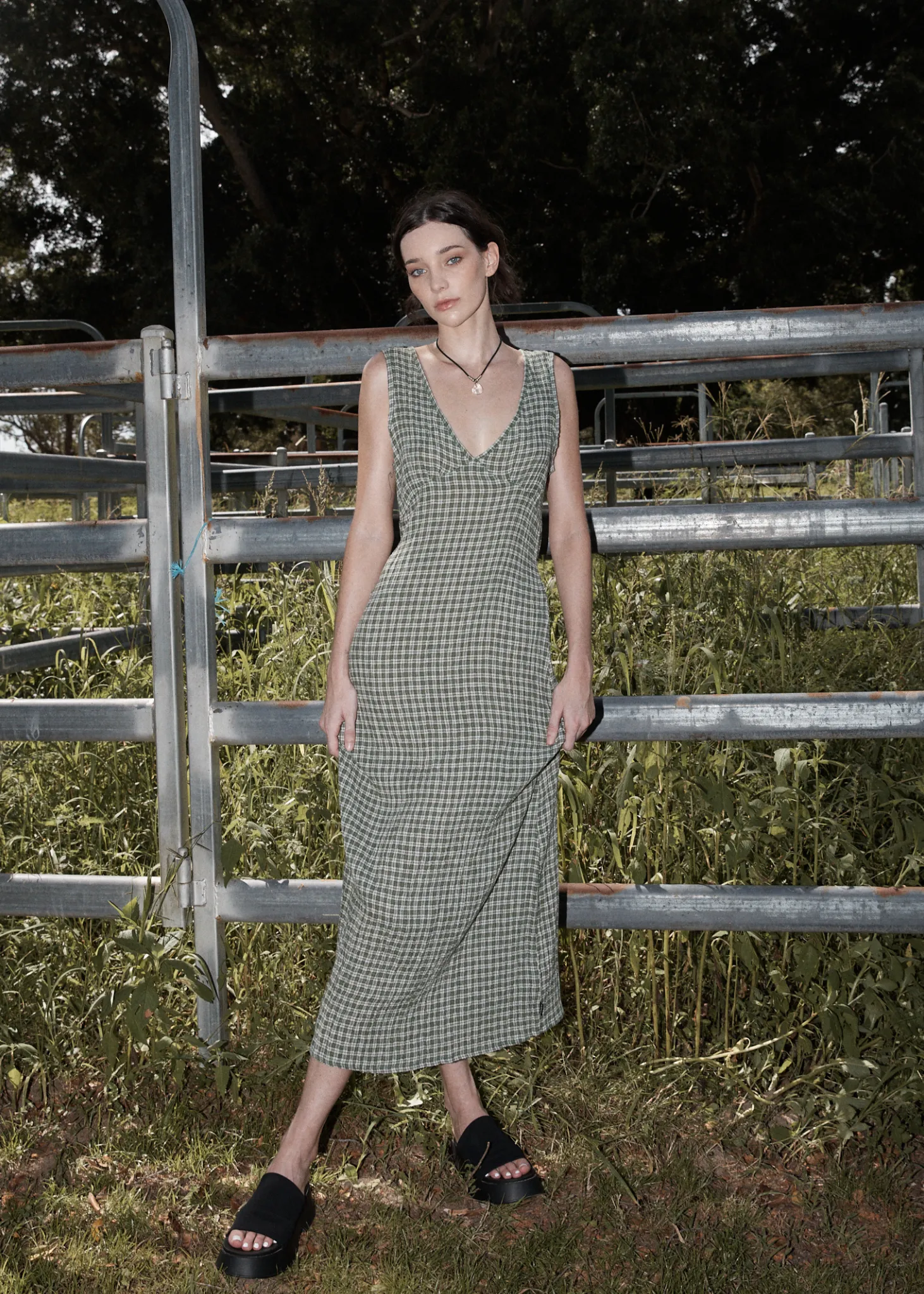 AFENDS Seersucker Check Maxi Dress - Deep Green Check for Women