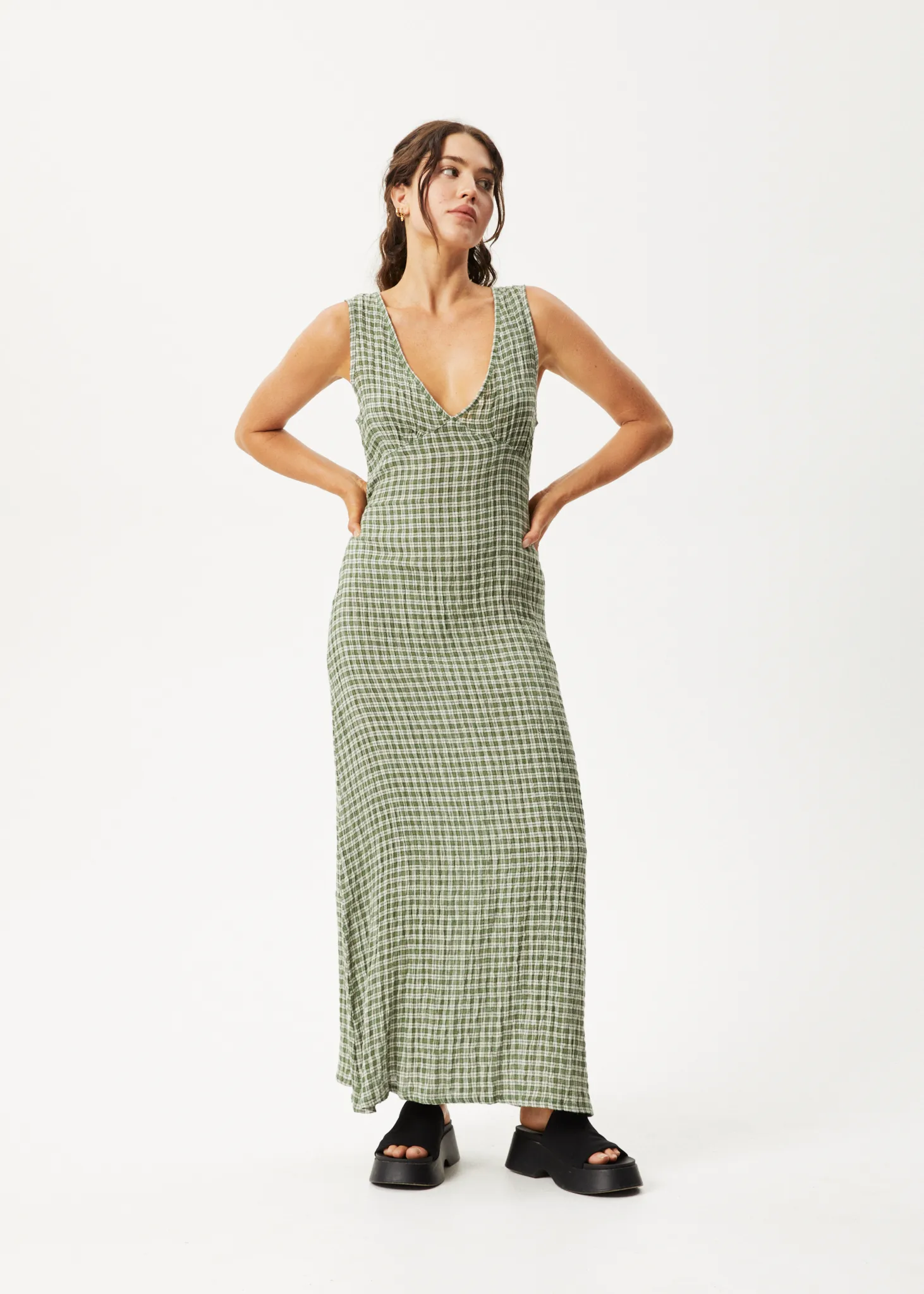 AFENDS Seersucker Check Maxi Dress - Deep Green Check for Women