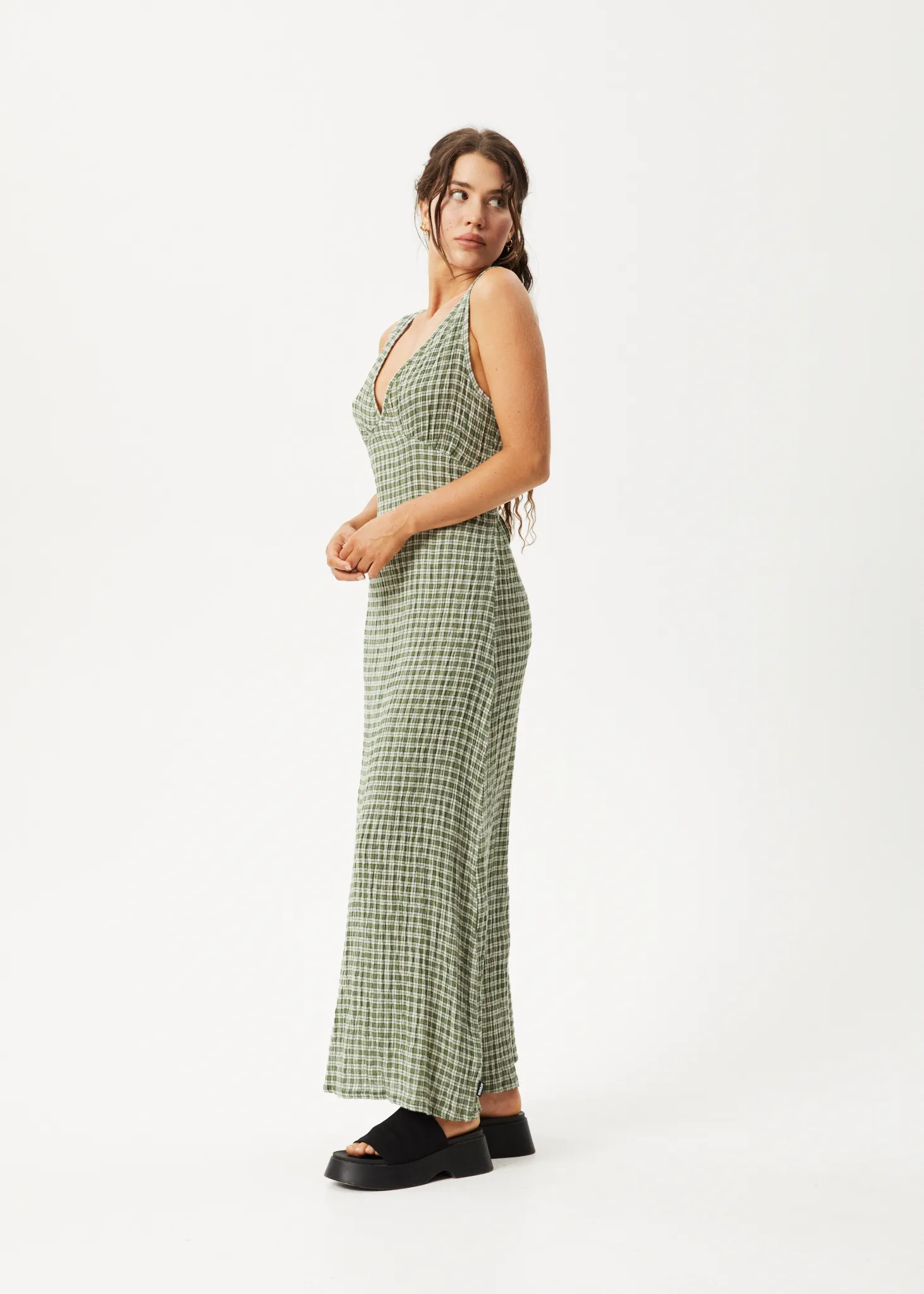 AFENDS Seersucker Check Maxi Dress - Deep Green Check for Women