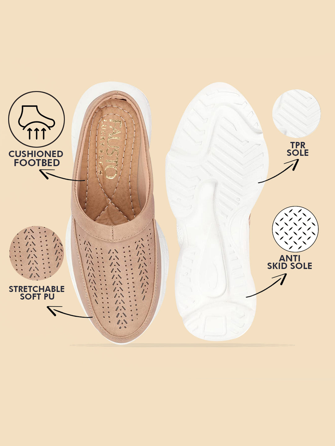 Beige Laser Cut Slip On Mules Shoes for Women