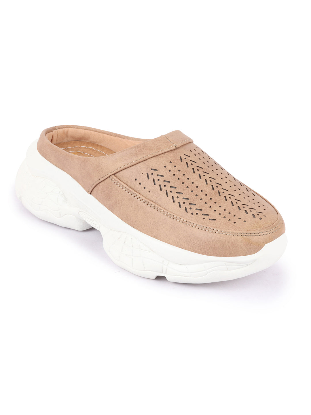 Beige Laser Cut Slip On Mules Shoes for Women