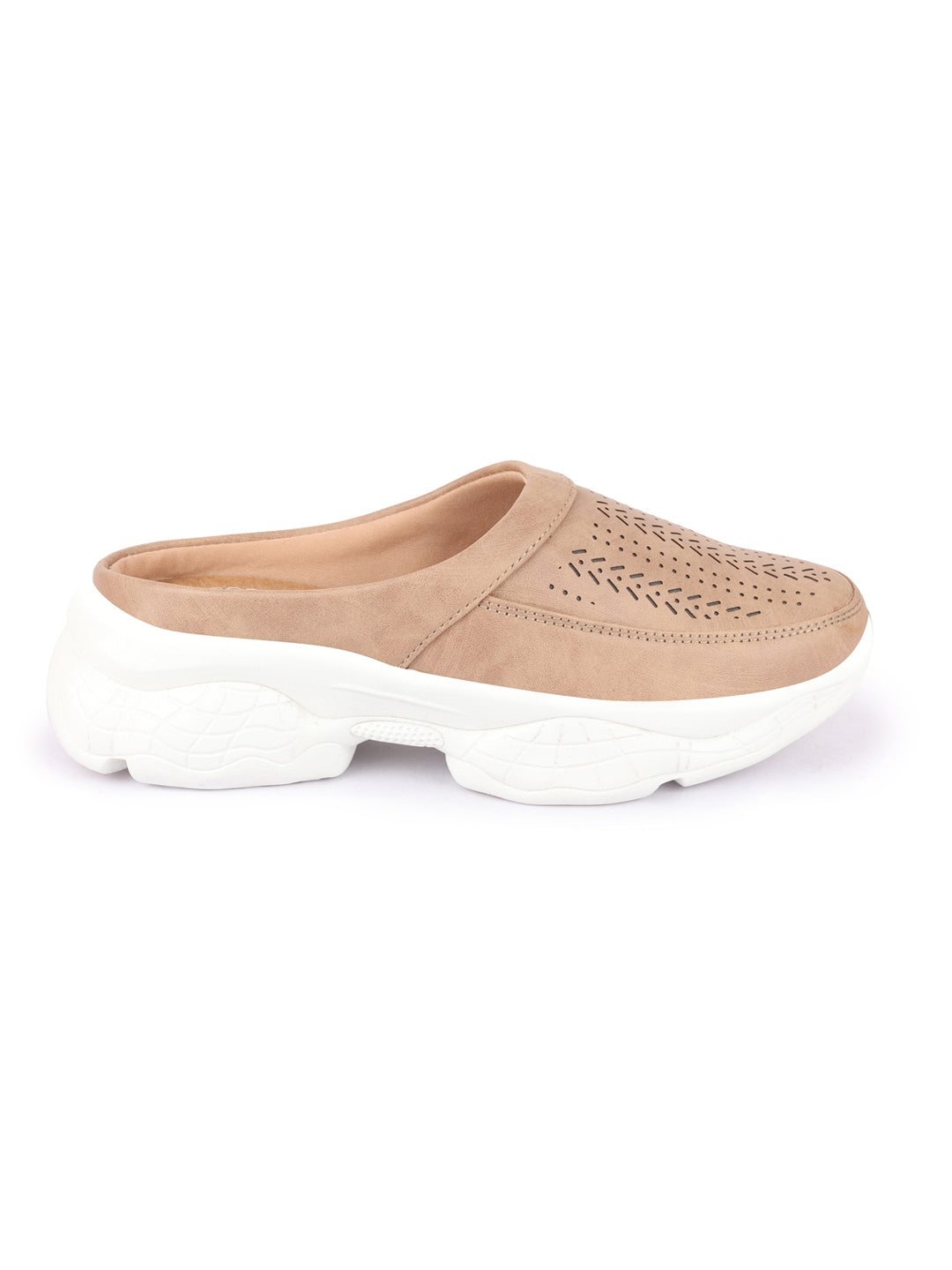 Beige Laser Cut Slip On Mules Shoes for Women