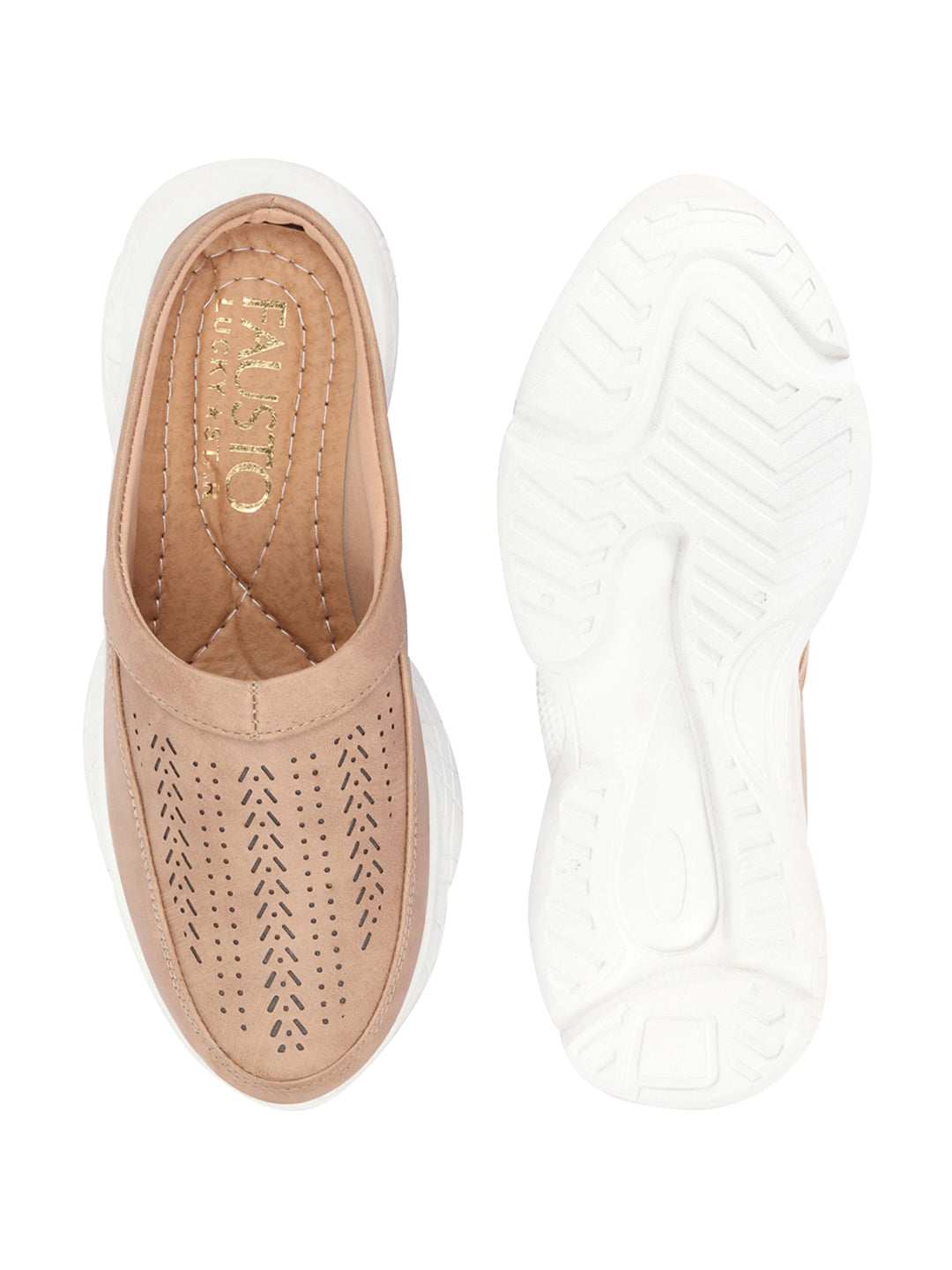 Beige Laser Cut Slip On Mules Shoes for Women