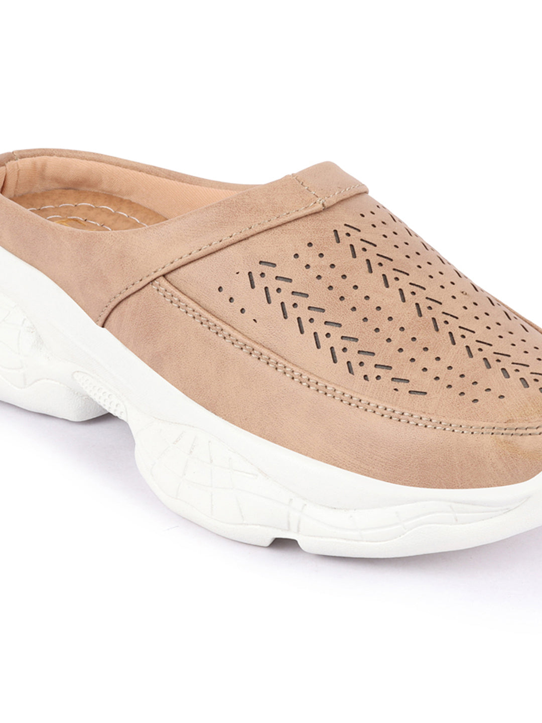 Beige Laser Cut Slip On Mules Shoes for Women