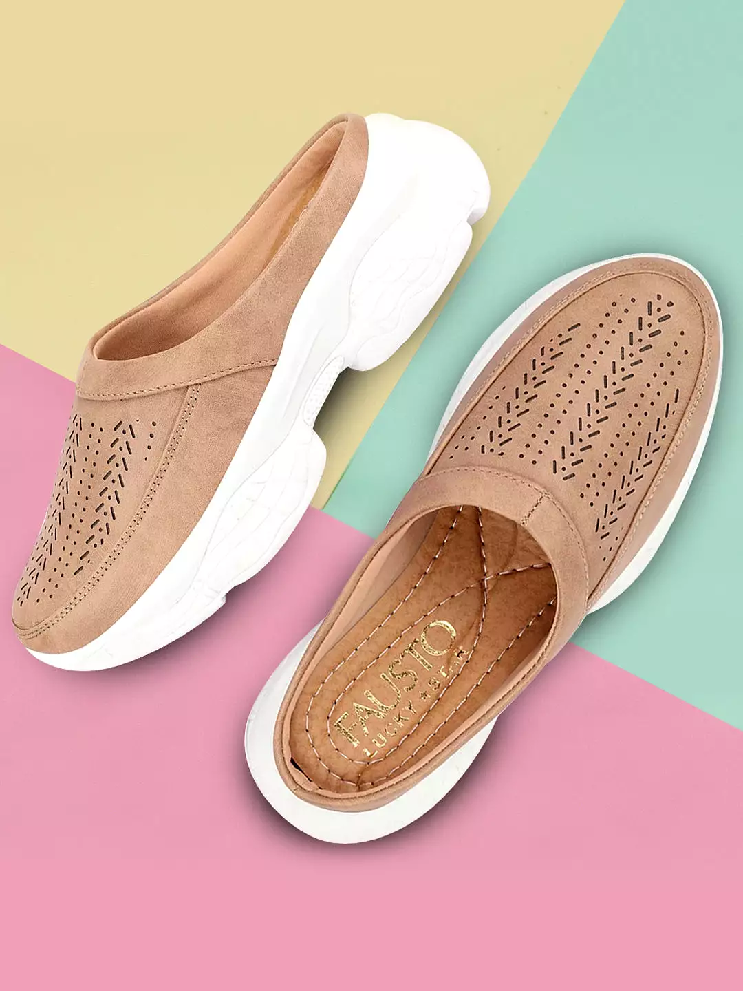 Beige Laser Cut Slip On Mules Shoes for Women