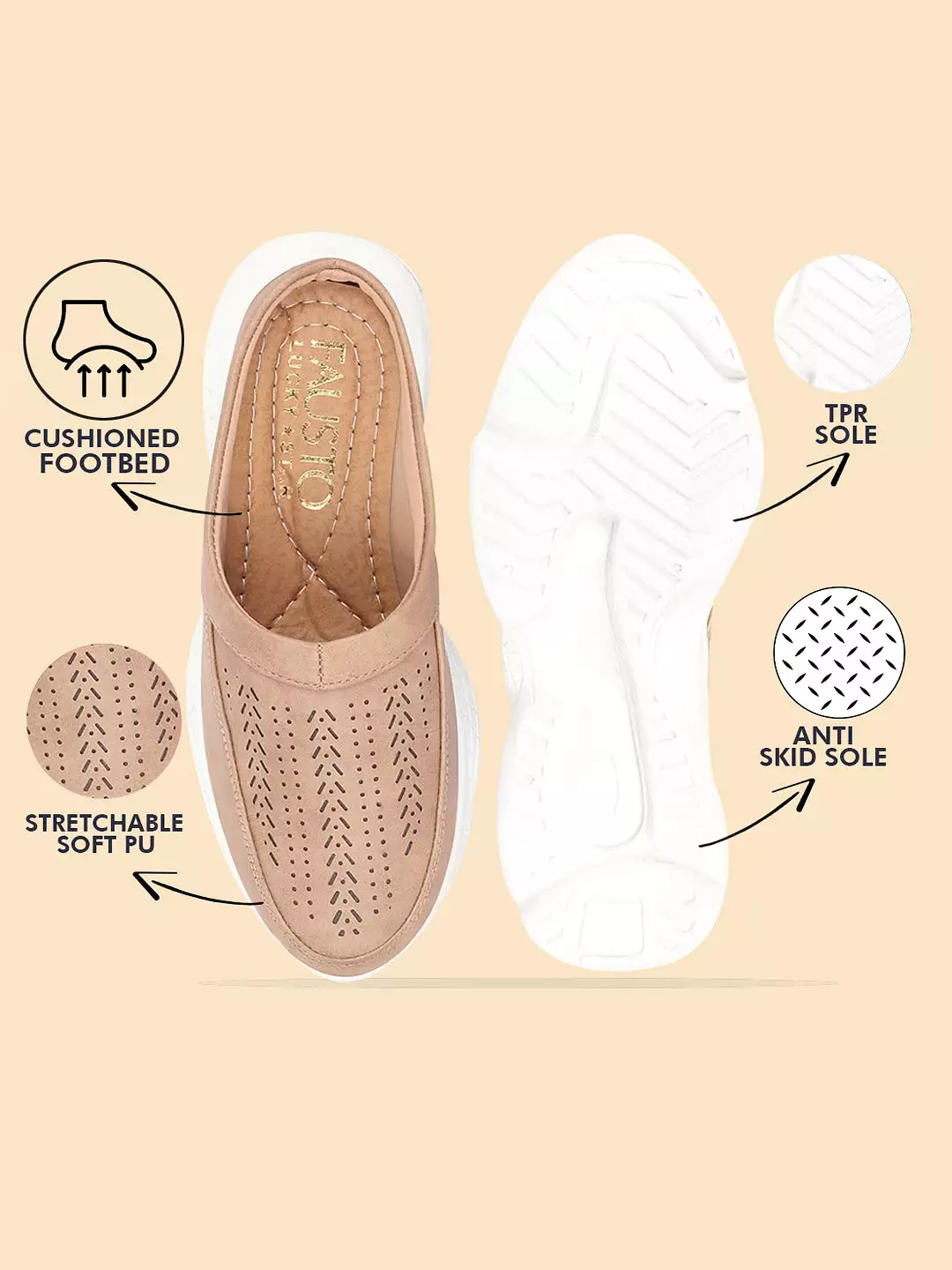 Beige Laser Cut Slip On Mules Shoes for Women