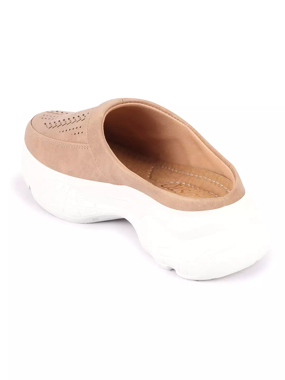 Beige Laser Cut Slip On Mules Shoes for Women