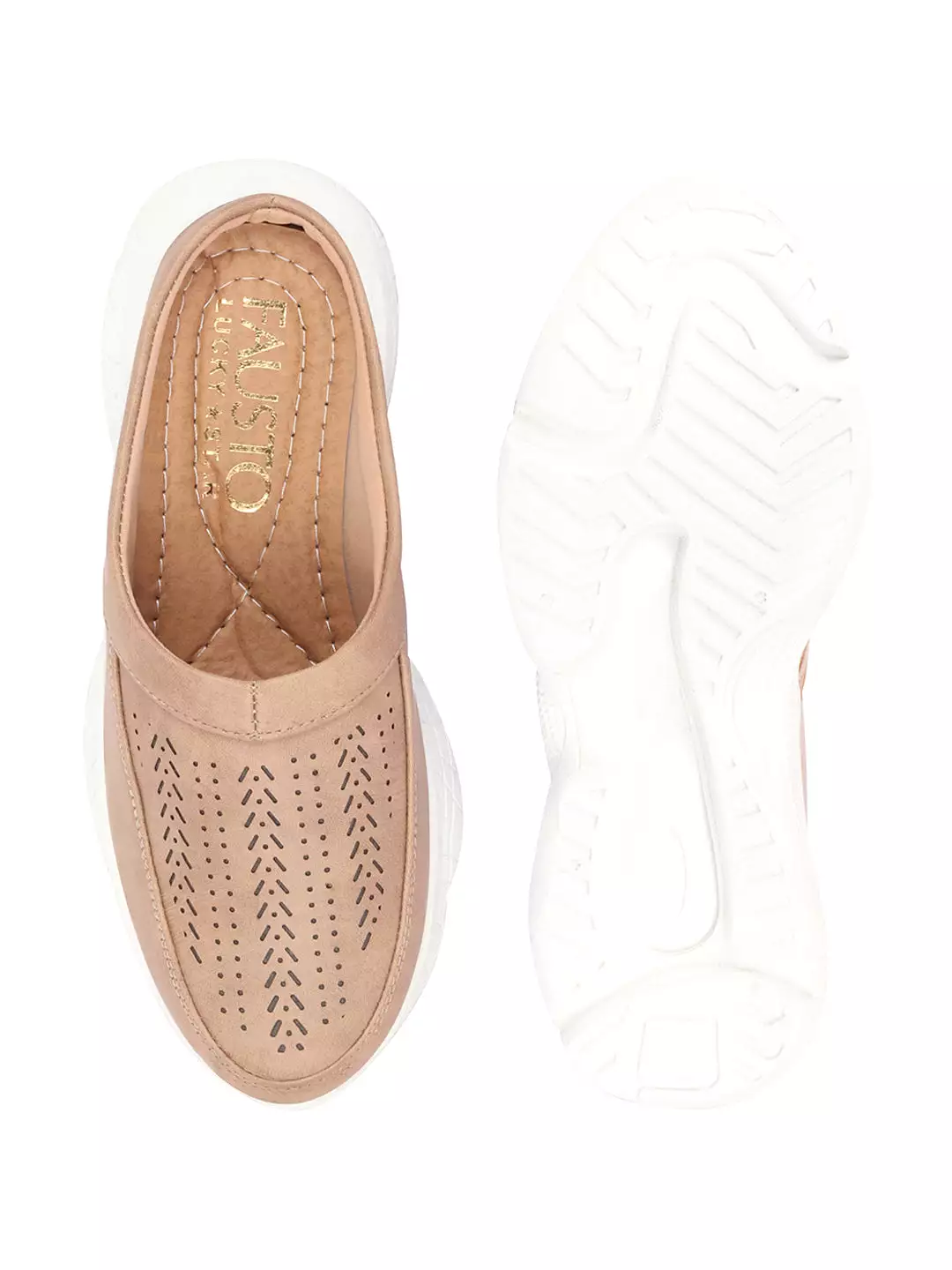 Beige Laser Cut Slip On Mules Shoes for Women