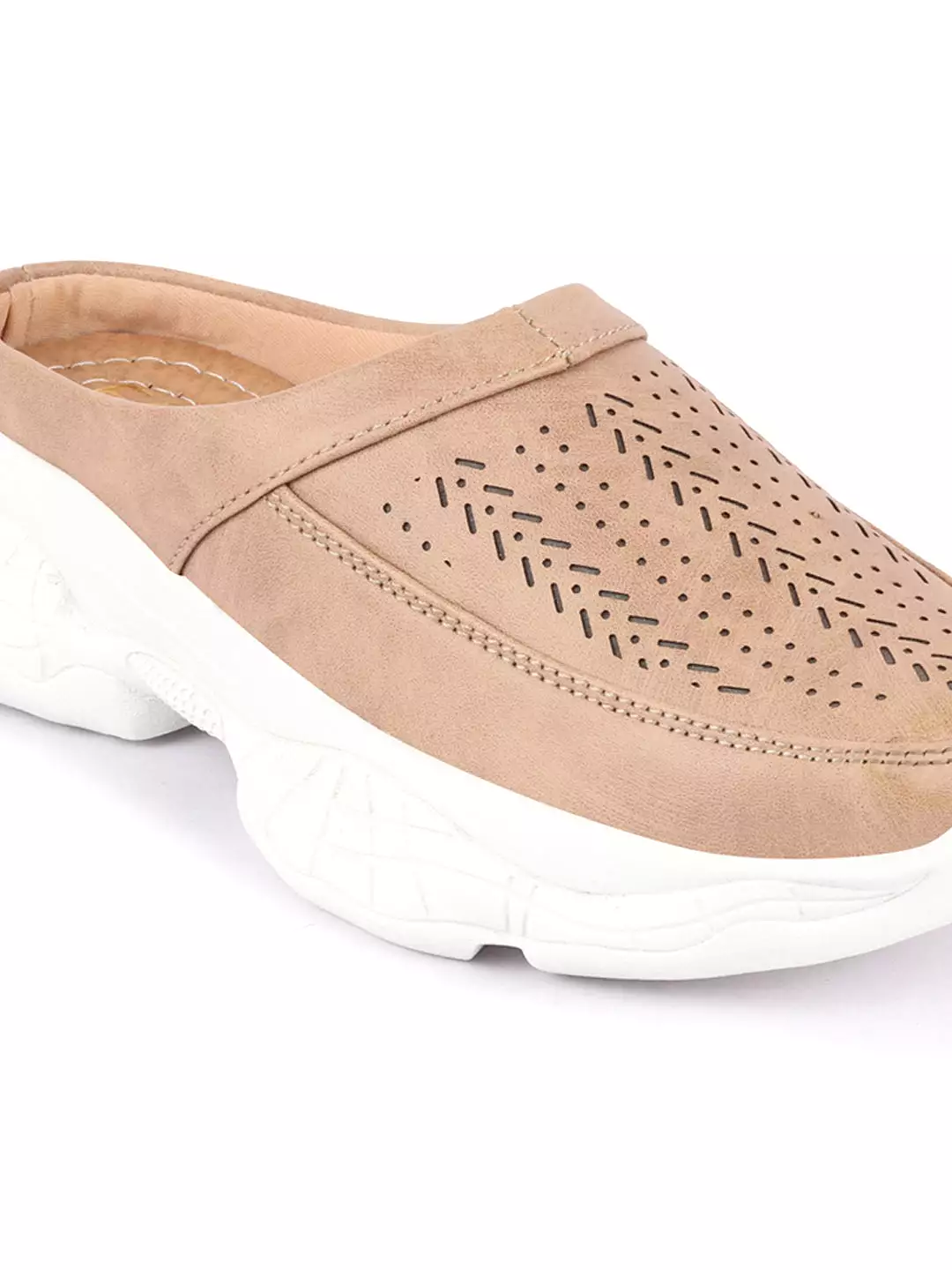 Beige Laser Cut Slip On Mules Shoes for Women