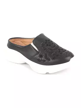 Black Floral Print Embroidery Women's Slip On Mules Shoes