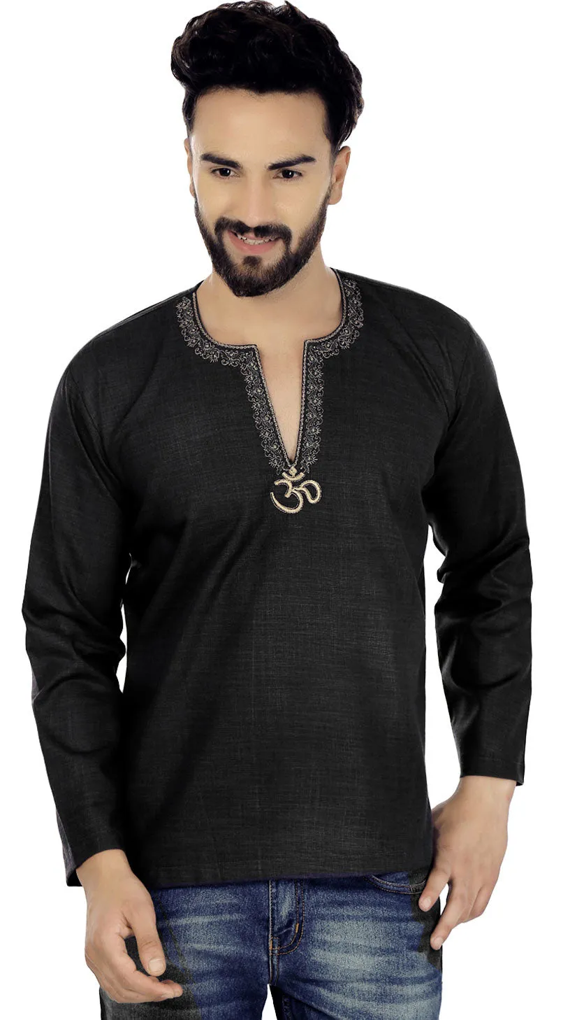 Black Indian Traditional OM Cotton Men's Short Kurta Clothing