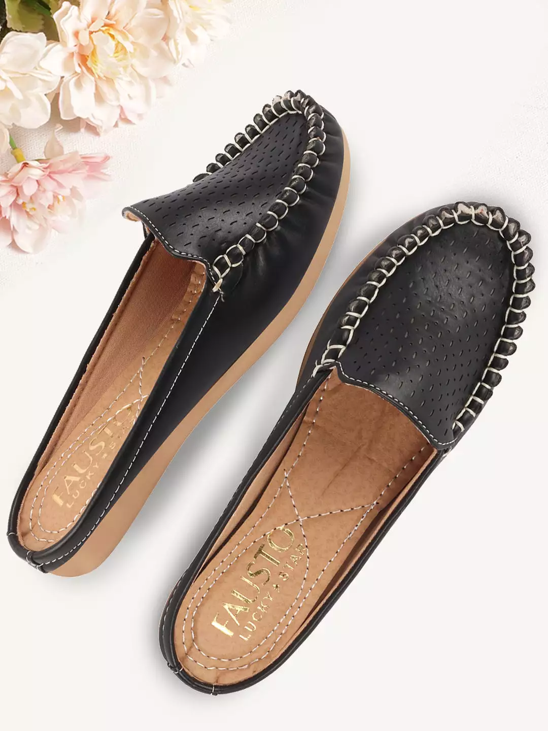 Black Laser Cut Slip On Mules for Women with Side Stitched and Back Open Design