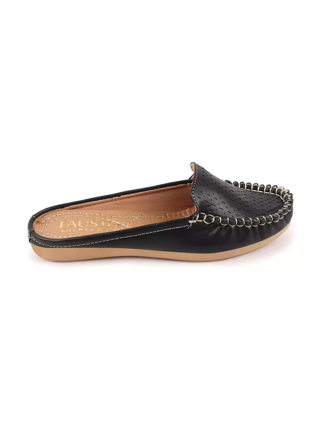 Black Laser Cut Slip On Mules for Women with Side Stitched and Back Open Design