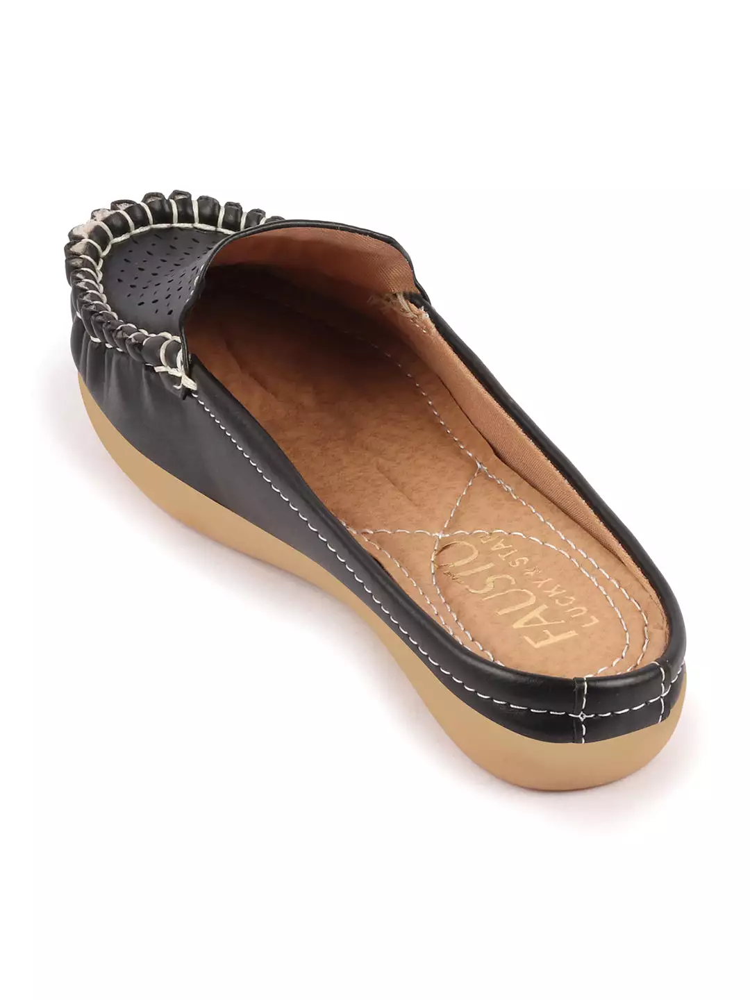 Black Laser Cut Slip On Mules for Women with Side Stitched and Back Open Design