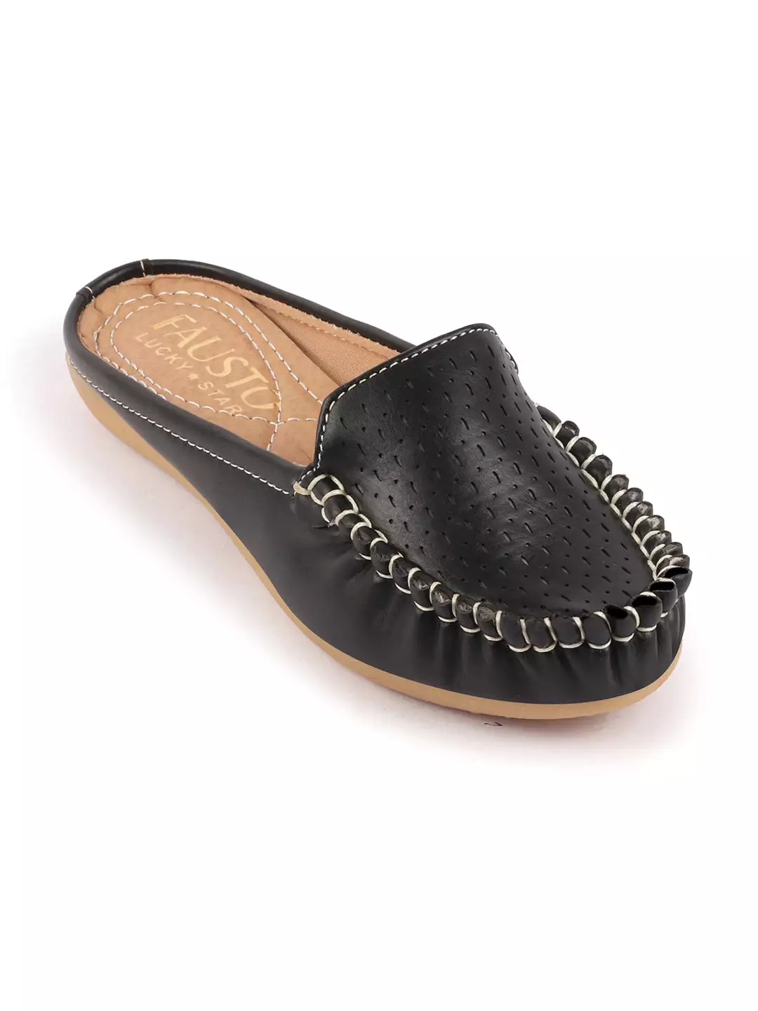 Black Laser Cut Slip On Mules for Women with Side Stitched and Back Open Design