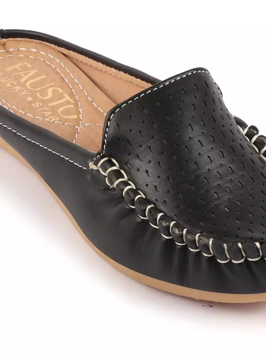 Black Laser Cut Slip On Mules for Women with Side Stitched and Back Open Design