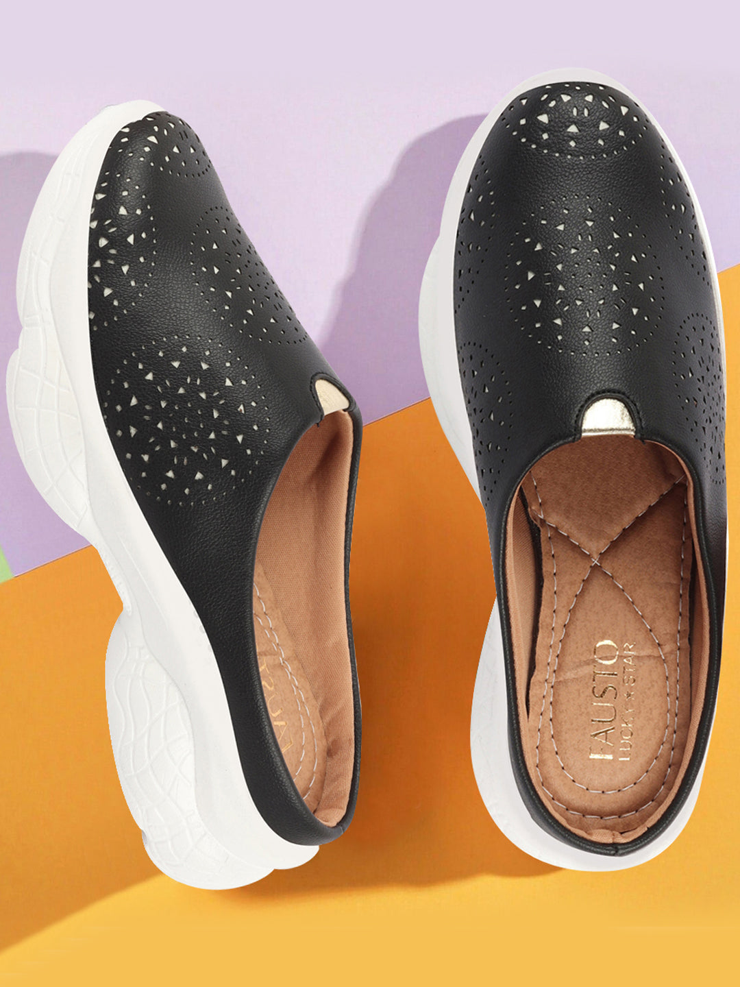 Black Laser Cut Slip On Mules Shoes for Women with Back Open Design.