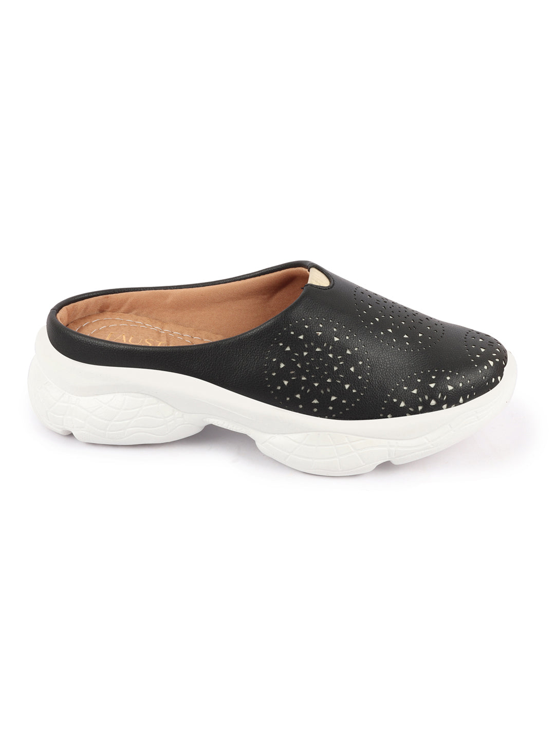 Black Laser Cut Slip On Mules Shoes for Women with Back Open Design.