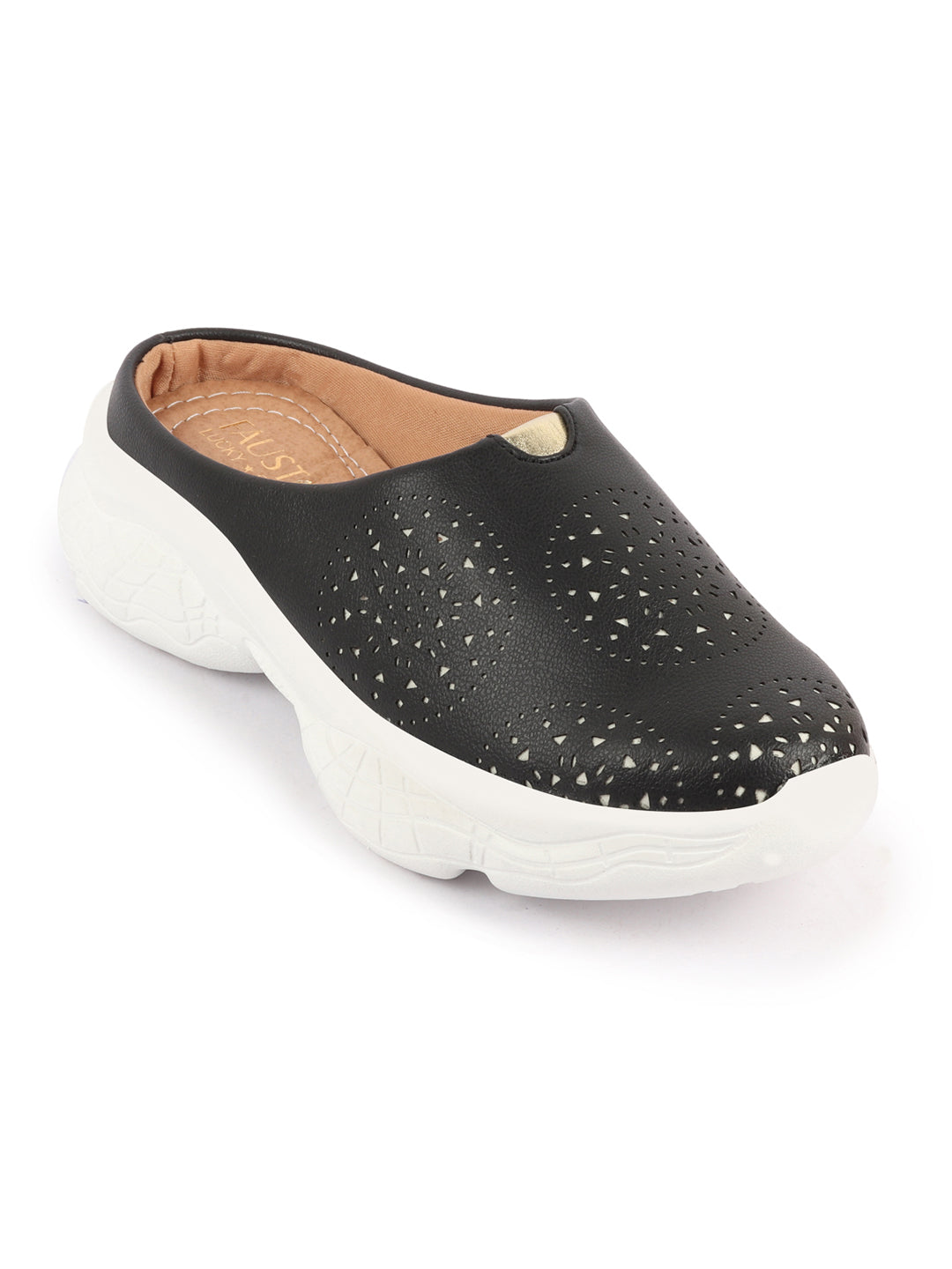 Black Laser Cut Slip On Mules Shoes for Women with Back Open Design.