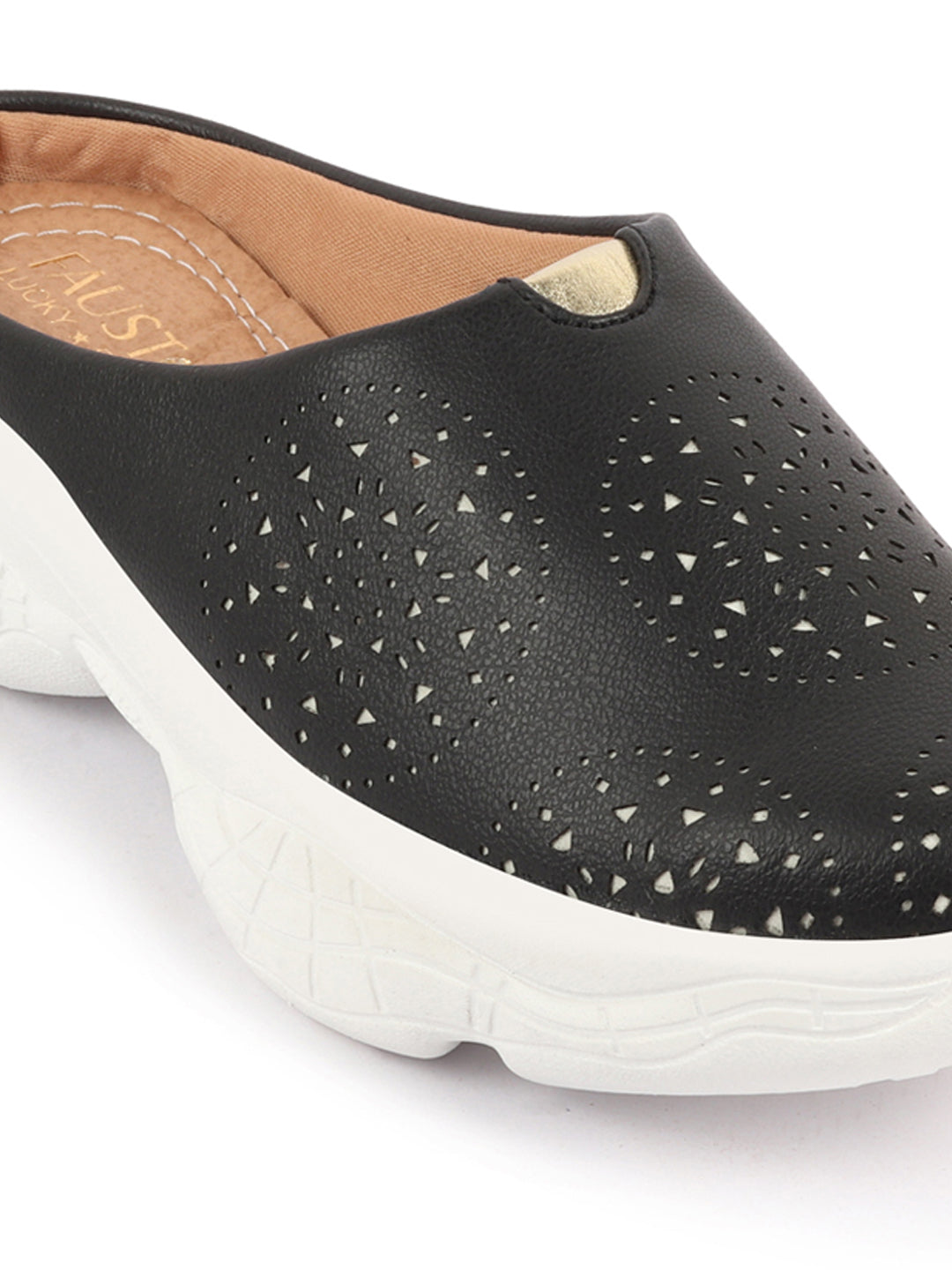 Black Laser Cut Slip On Mules Shoes for Women with Back Open Design.