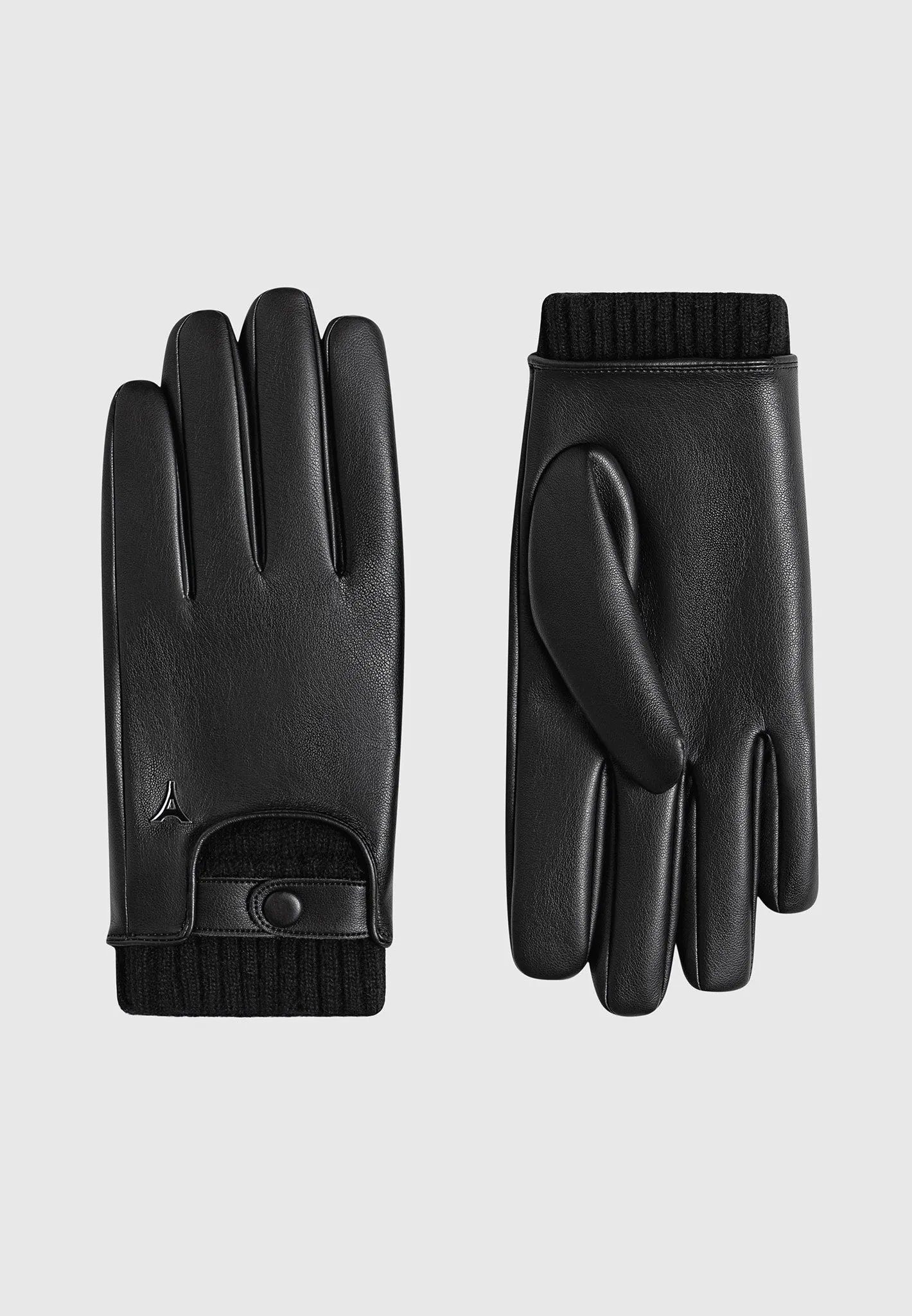 Black Leather and Ribbed Knit Gloves