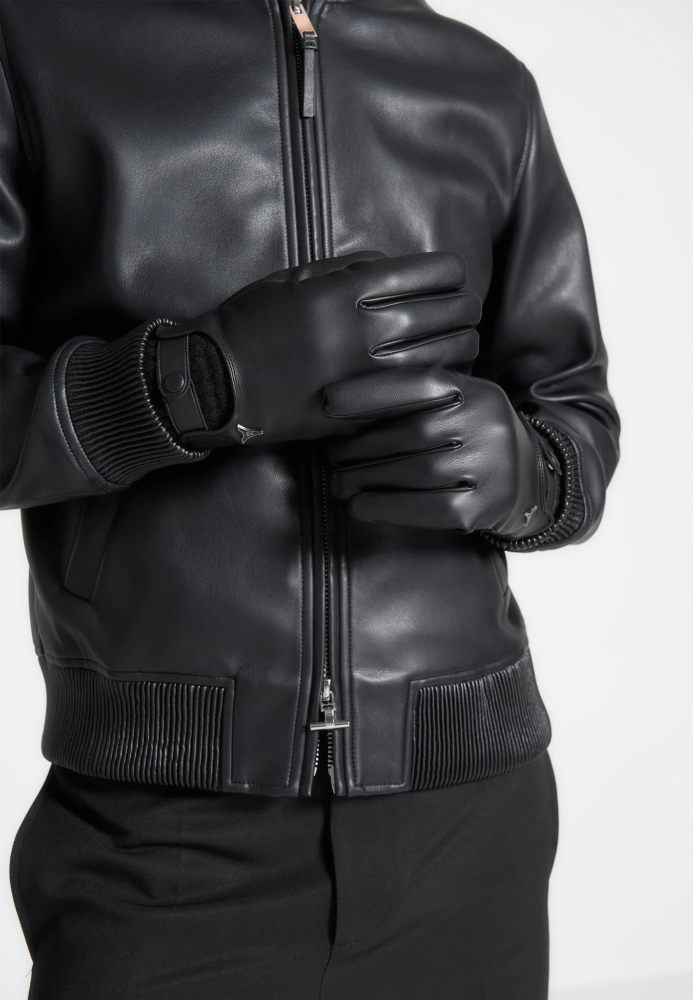 Black Leather and Ribbed Knit Gloves