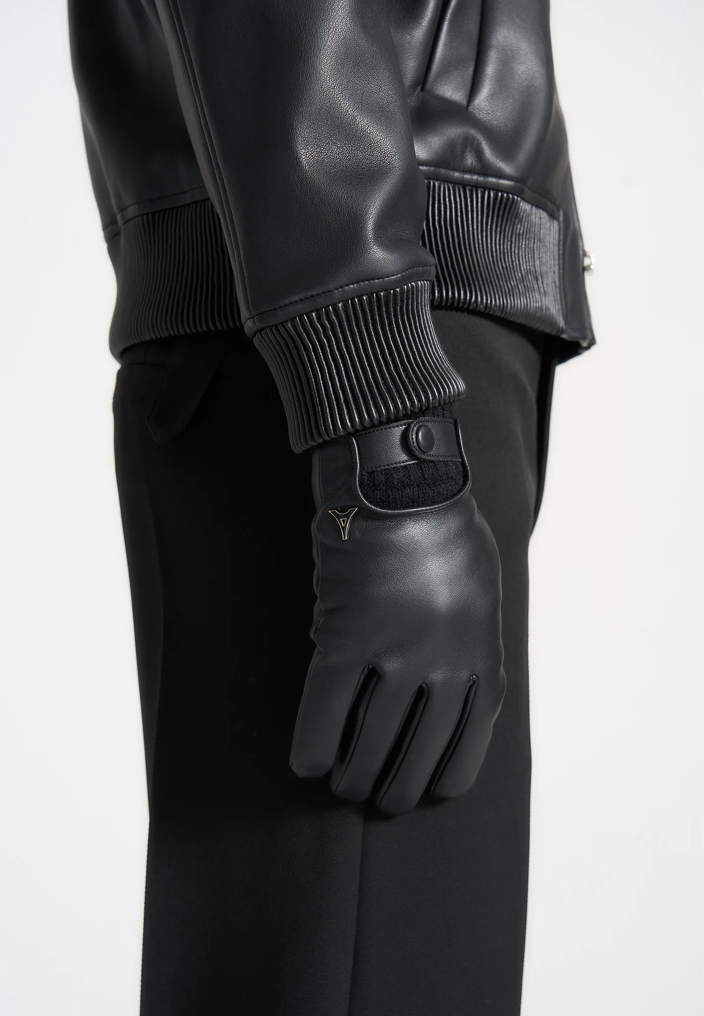 Black Leather and Ribbed Knit Gloves