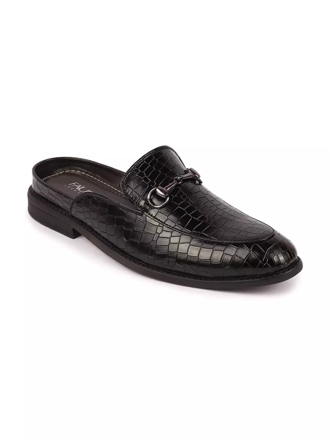 Black Leopard Print Embossed Slip On Mules with Horsebit Buckle for Ethnic Party - Shop Now