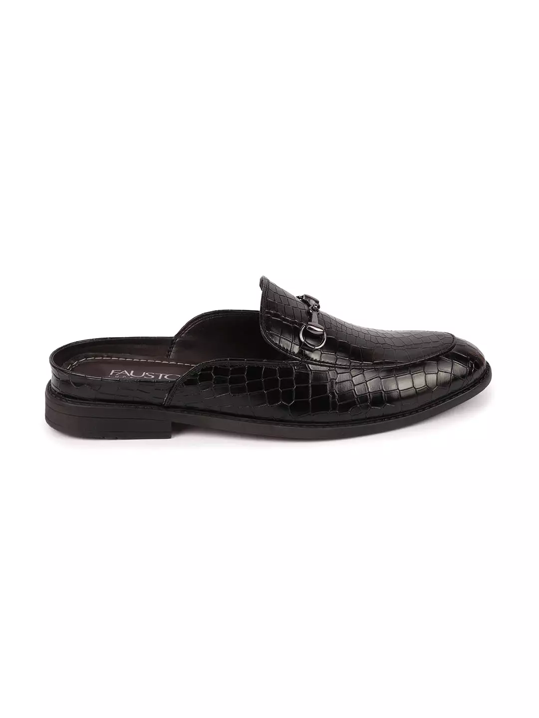 Black Leopard Print Embossed Slip On Mules with Horsebit Buckle for Ethnic Party - Shop Now