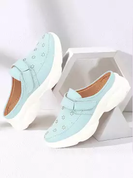 Blue Laser Cut Floral Design Slip On Mules for Women with Hook and Loop Back