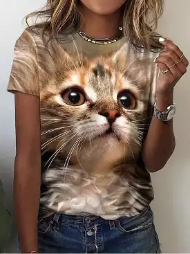 Brown Cat Print Shirt for Women