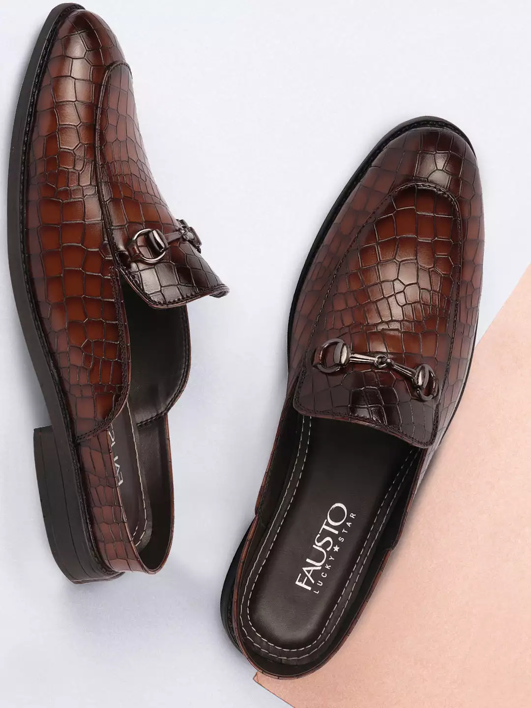 Brown Embossed Leopard Print Mules with Horsebit Buckle | Ethnic Party Back Open Slip-On Shoes