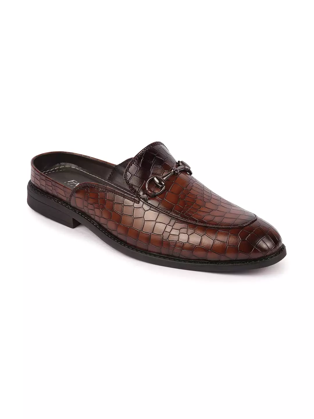 Brown Embossed Leopard Print Mules with Horsebit Buckle | Ethnic Party Back Open Slip-On Shoes