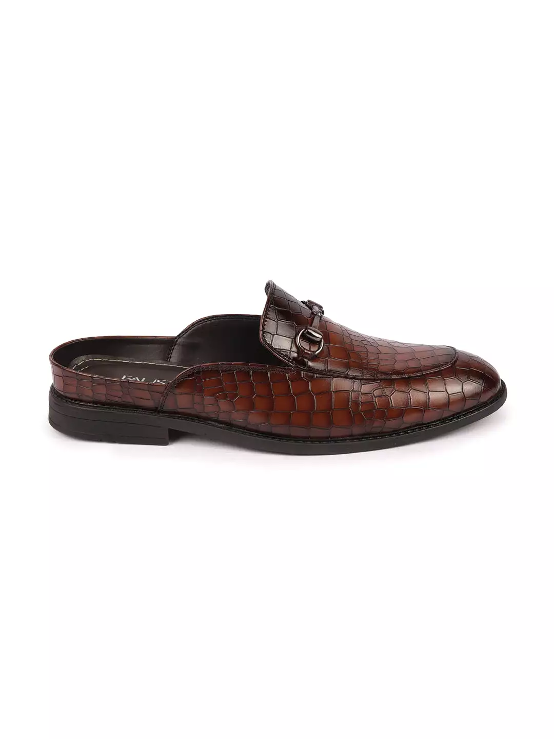 Brown Embossed Leopard Print Mules with Horsebit Buckle | Ethnic Party Back Open Slip-On Shoes