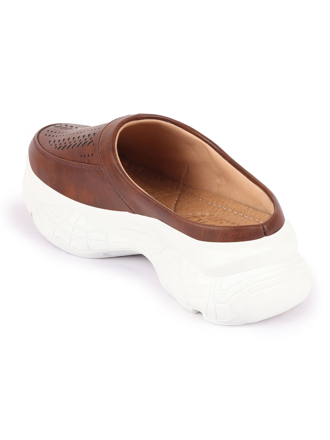 brown laser cut mule shoes for women, open back slip-on design with stitched details.