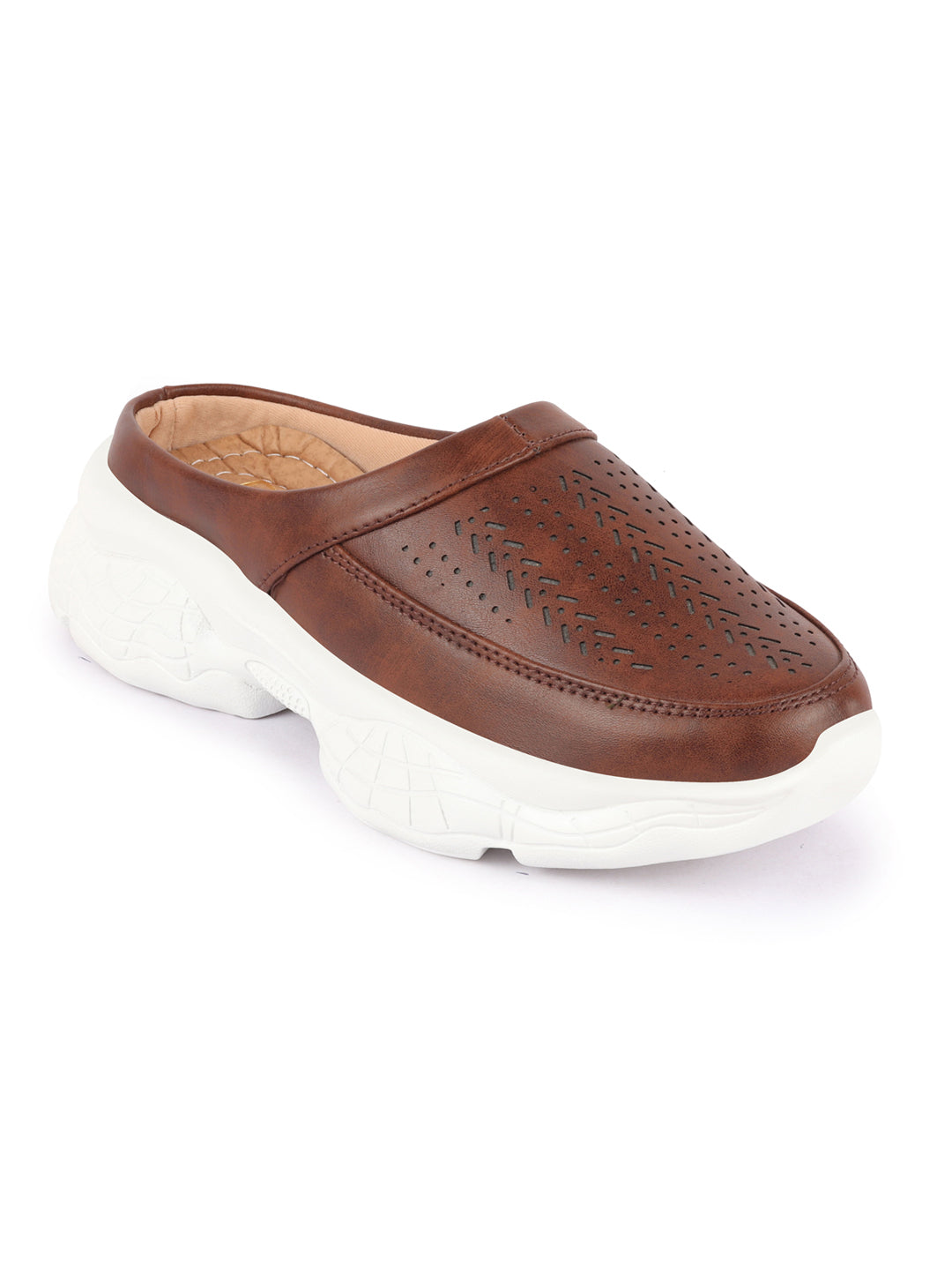 brown laser cut mule shoes for women, open back slip-on design with stitched details.