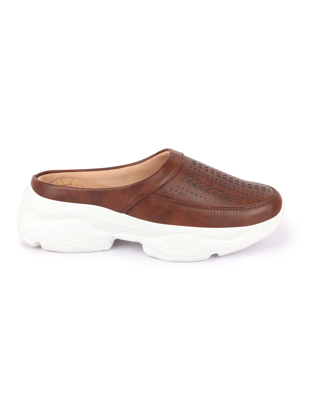 brown laser cut mule shoes for women, open back slip-on design with stitched details.