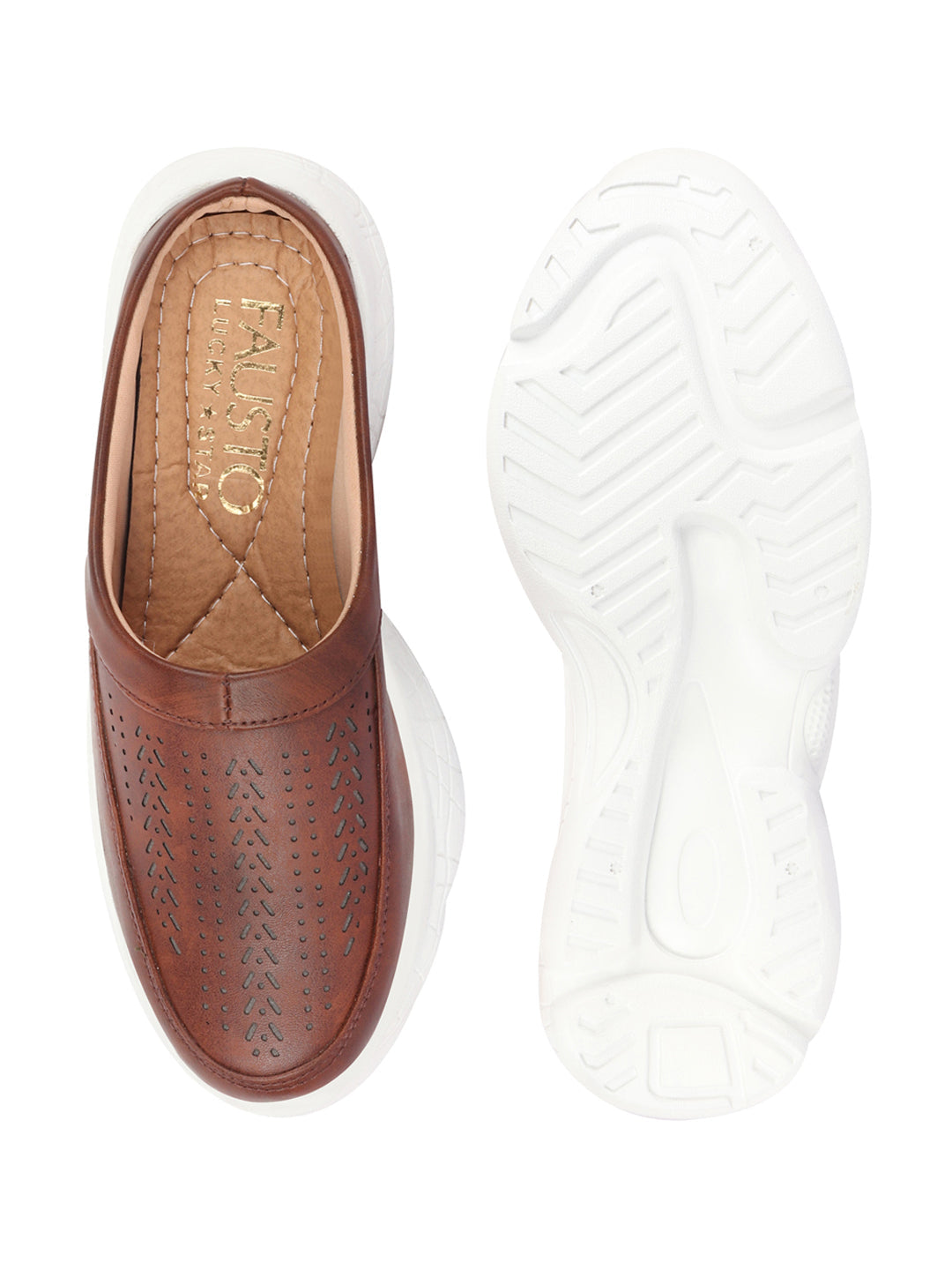 brown laser cut mule shoes for women, open back slip-on design with stitched details.