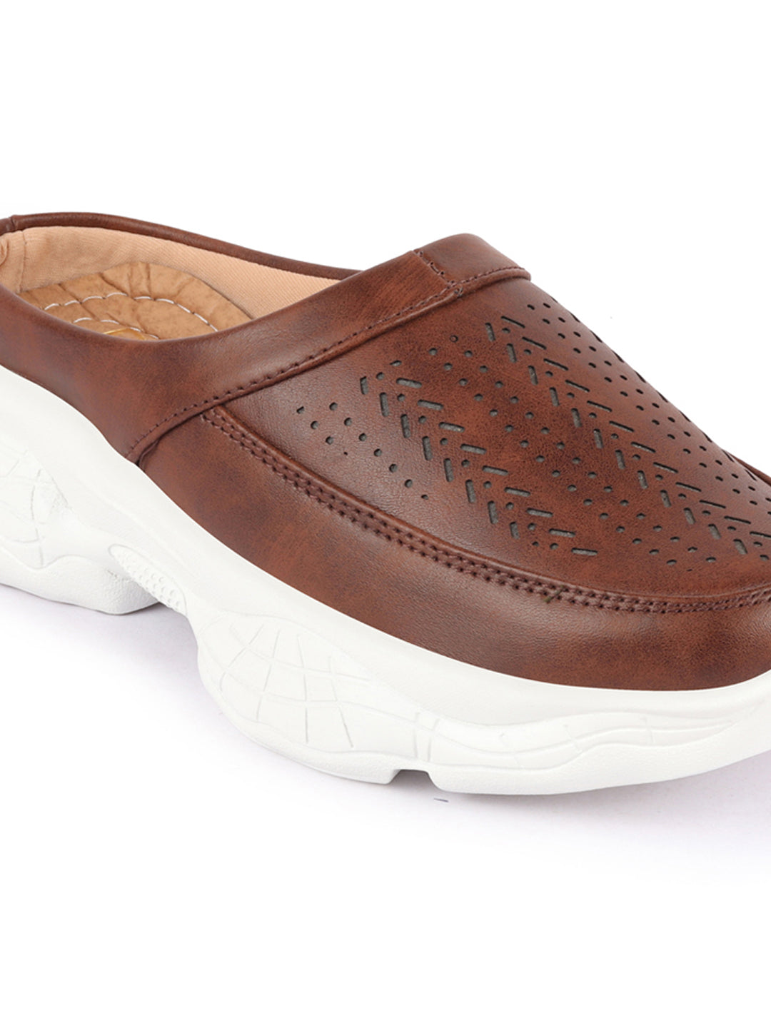 brown laser cut mule shoes for women, open back slip-on design with stitched details.