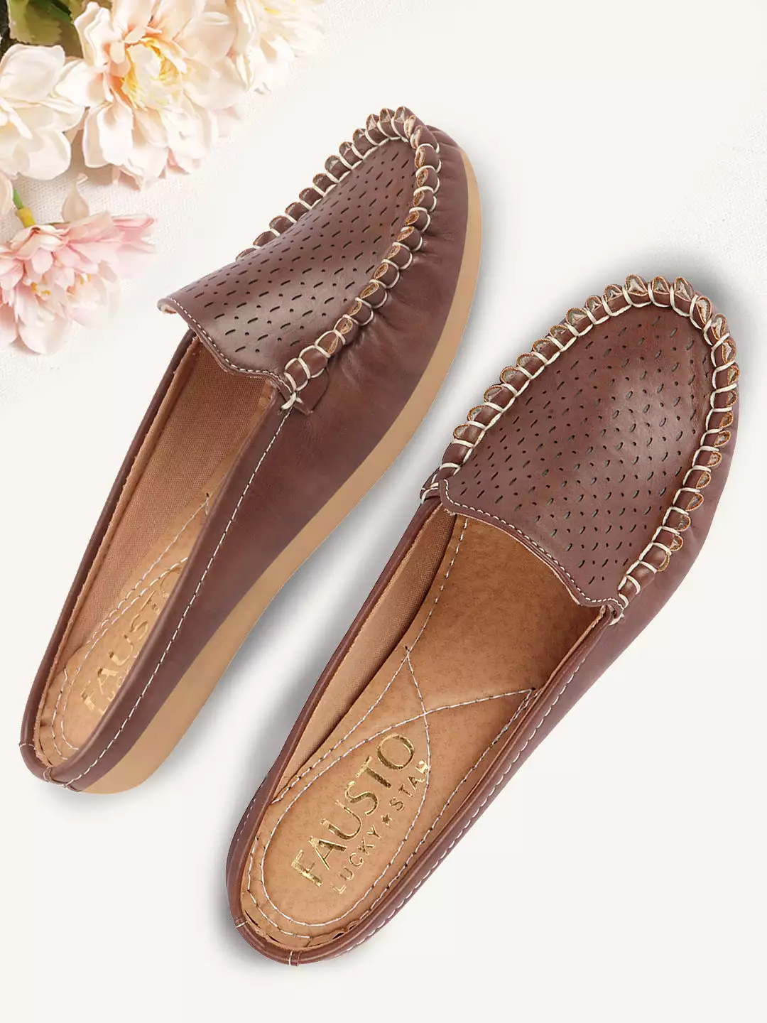 Brown Laser Cut Slip On Mules for Women with Side Stitched and Back Opening