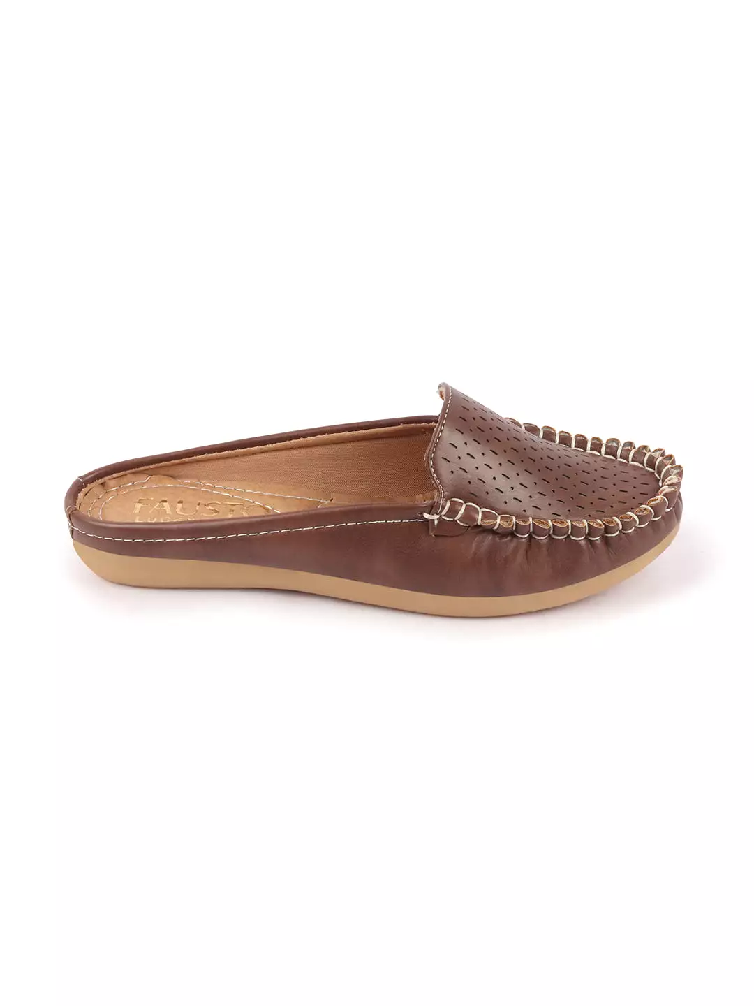 Brown Laser Cut Slip On Mules for Women with Side Stitched and Back Opening