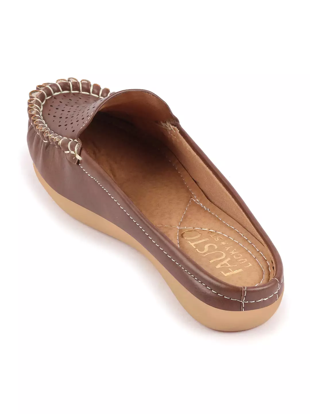 Brown Laser Cut Slip On Mules for Women with Side Stitched and Back Opening