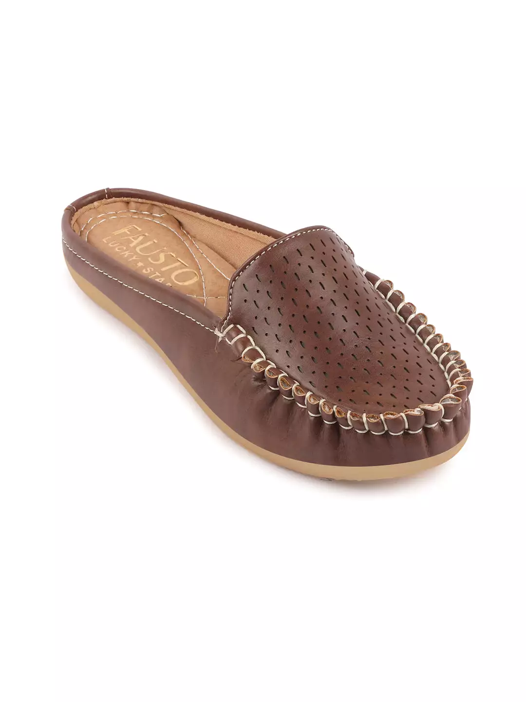 Brown Laser Cut Slip On Mules for Women with Side Stitched and Back Opening