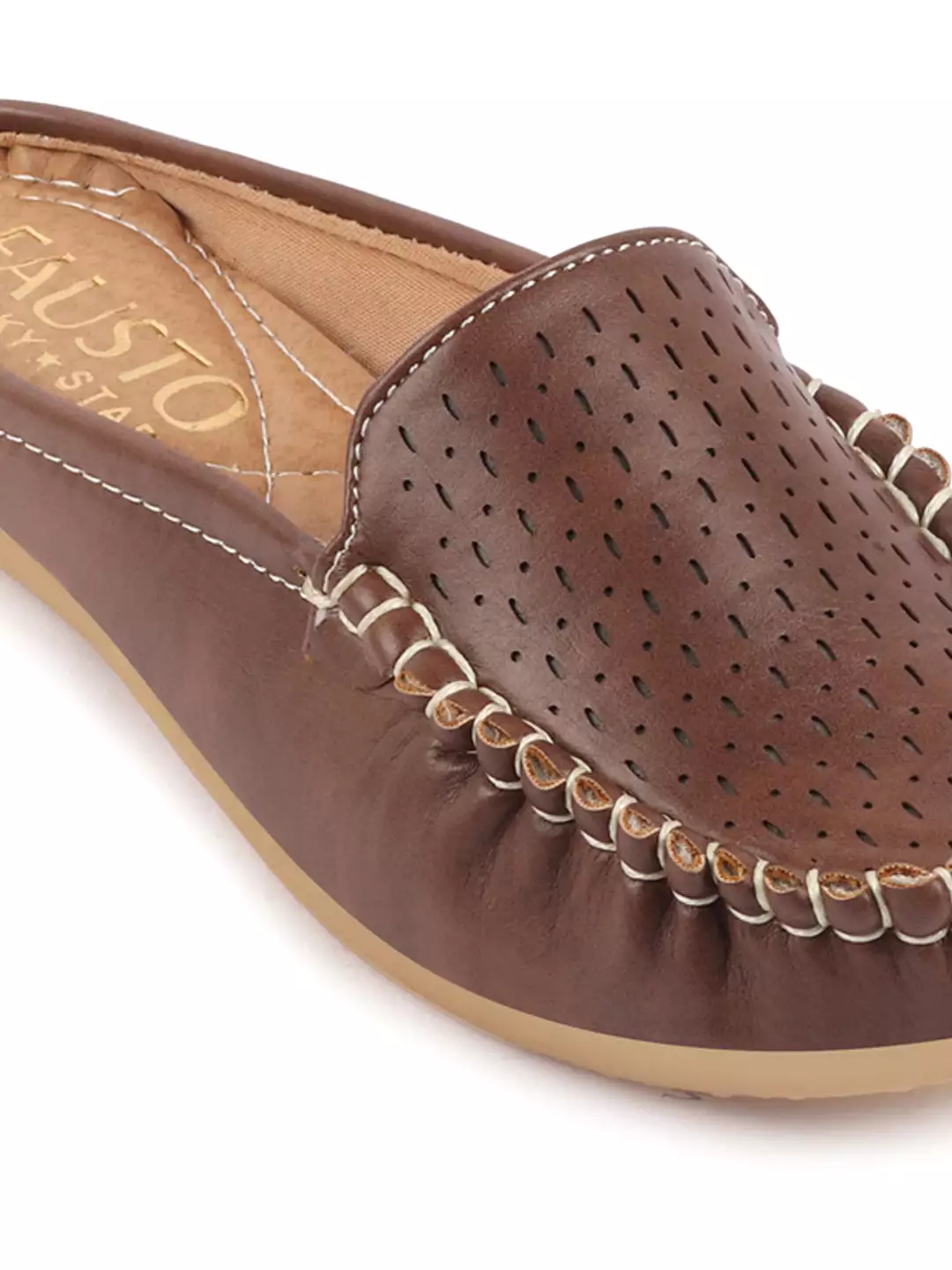 Brown Laser Cut Slip On Mules for Women with Side Stitched and Back Opening