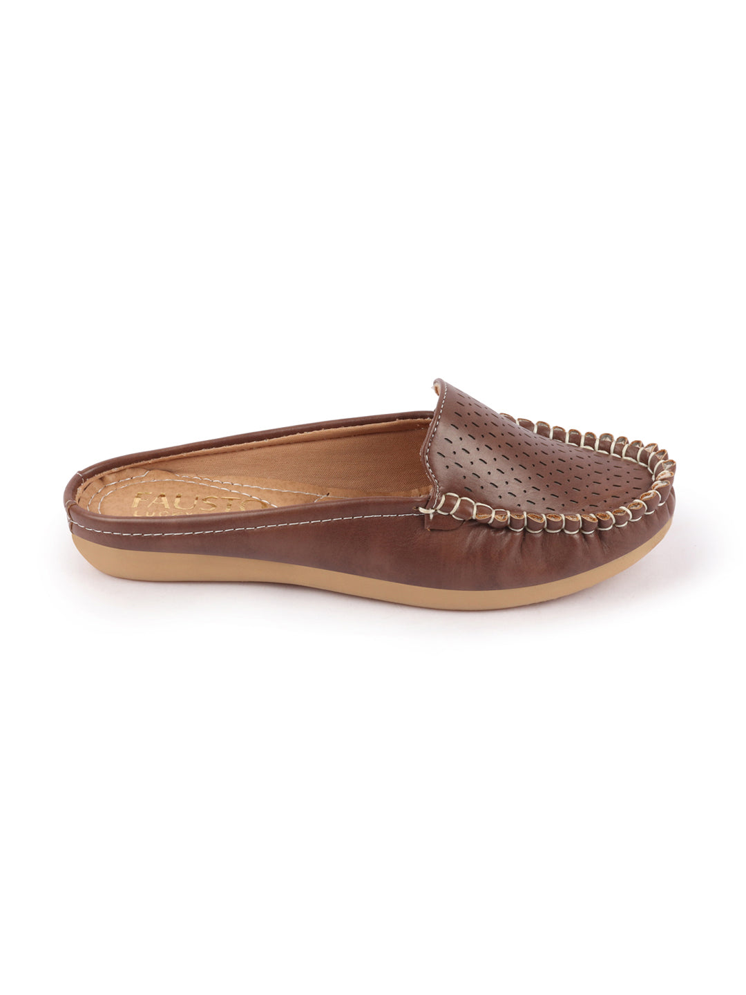 Brown Laser Cut Slip On Mules Shoes for Women