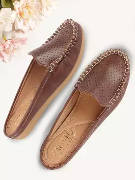 Brown Laser Cut Slip On Mules Shoes for Women