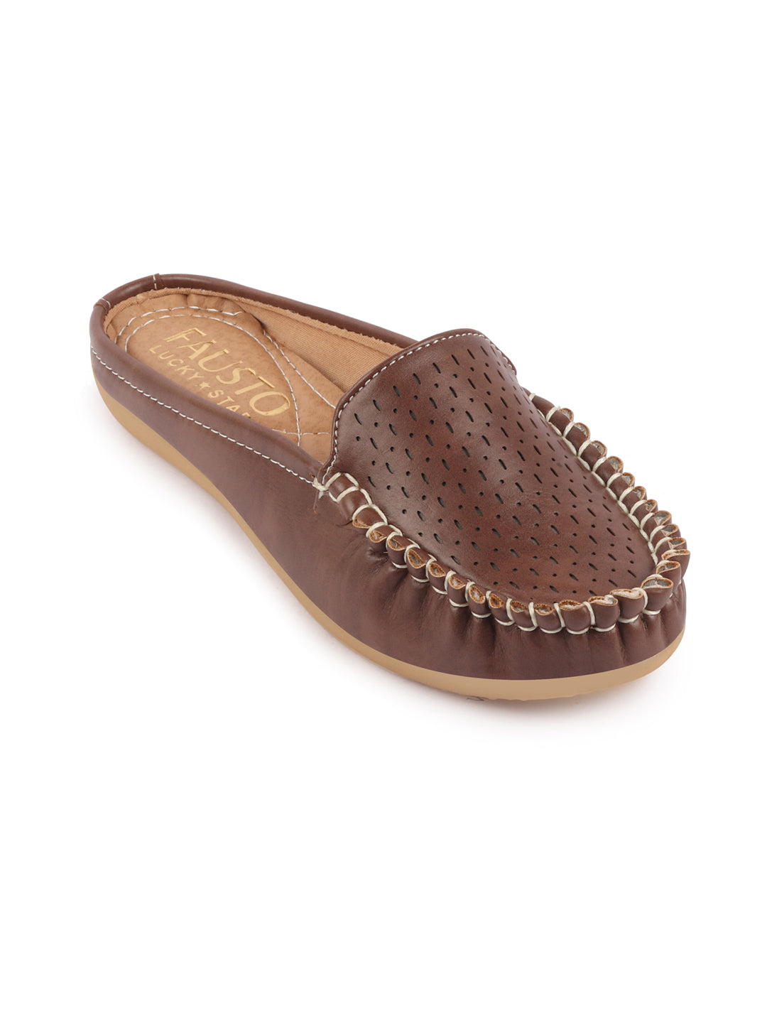 Brown Laser Cut Slip On Mules Shoes for Women