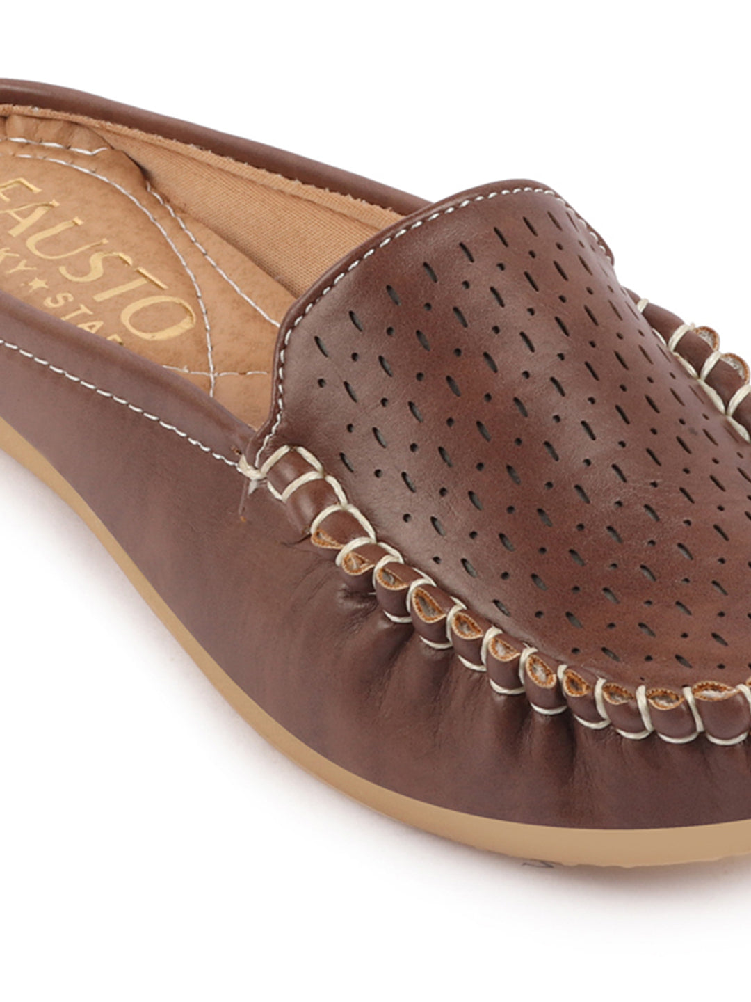 Brown Laser Cut Slip On Mules Shoes for Women