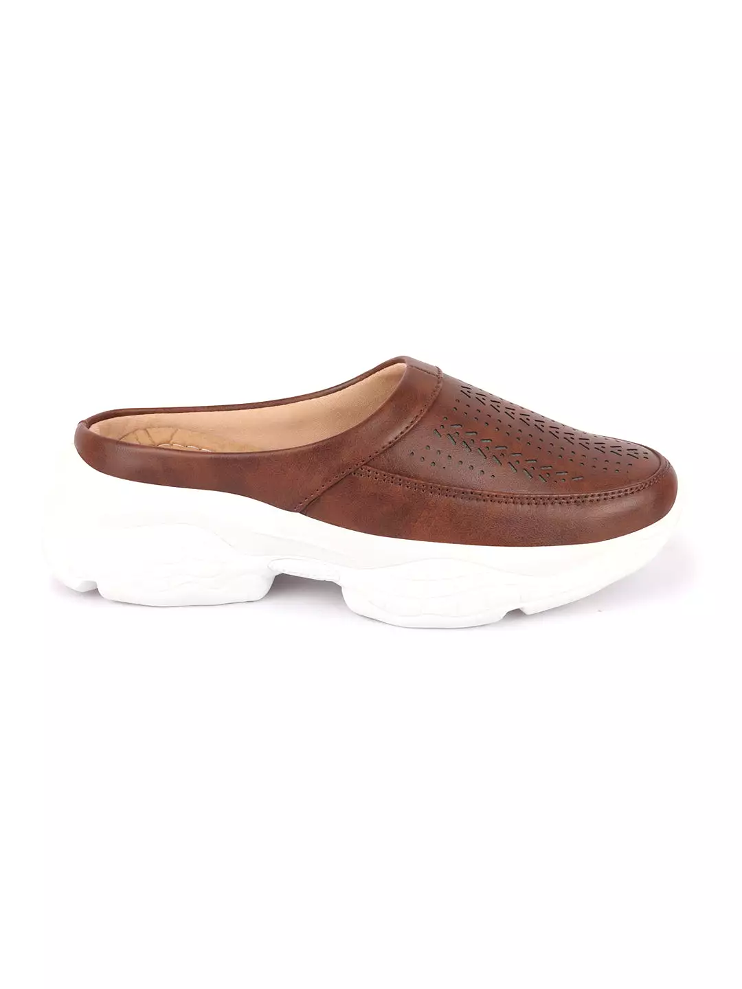 Brown Laser Cut Stitched Back Open Slip On Mules Shoes