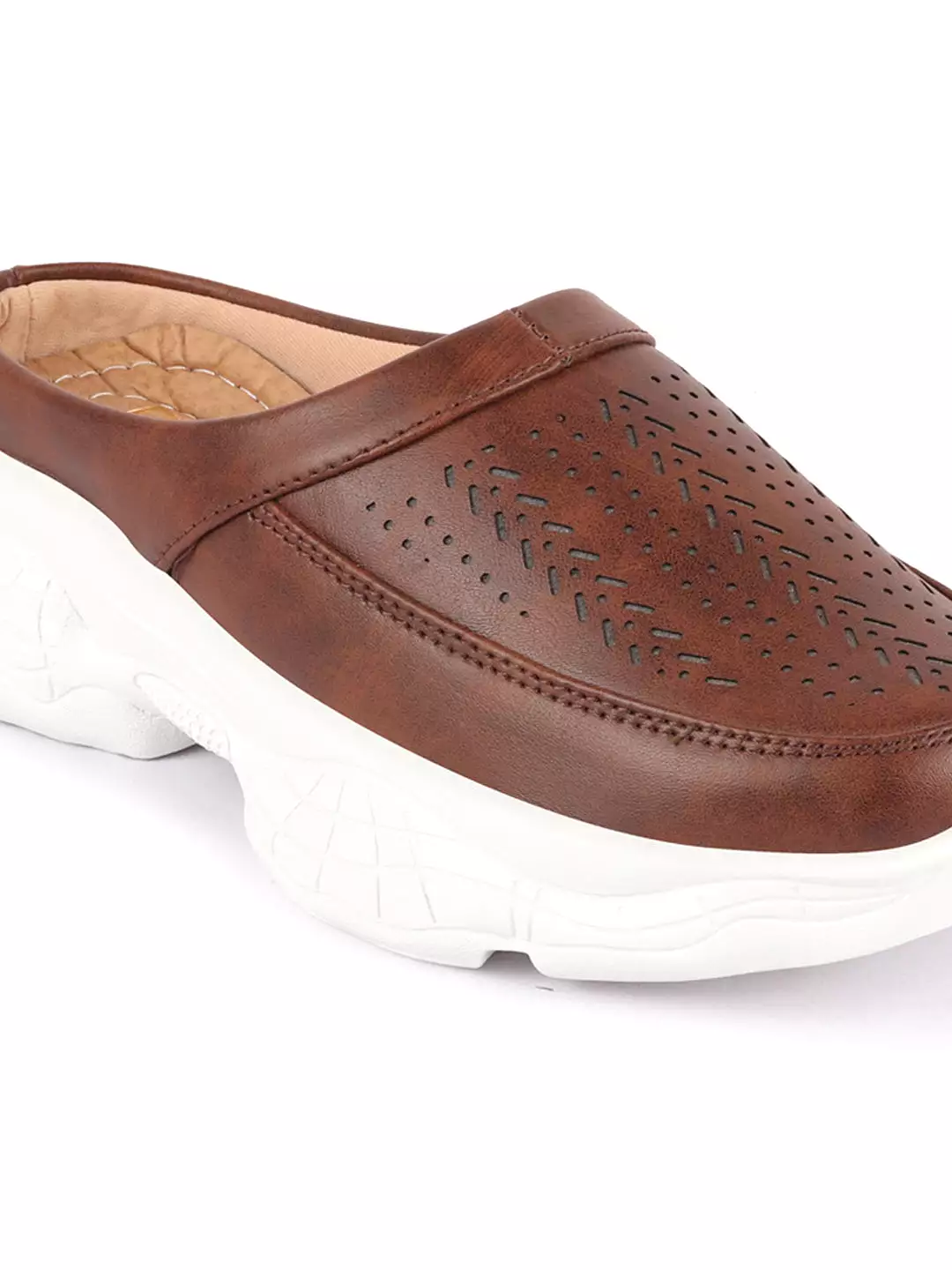 Brown Laser Cut Stitched Back Open Slip On Mules Shoes